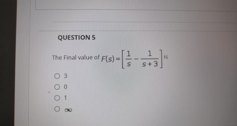 QUESTION 5
1
is
The Final value of F(s)=
S.
S+3
3

