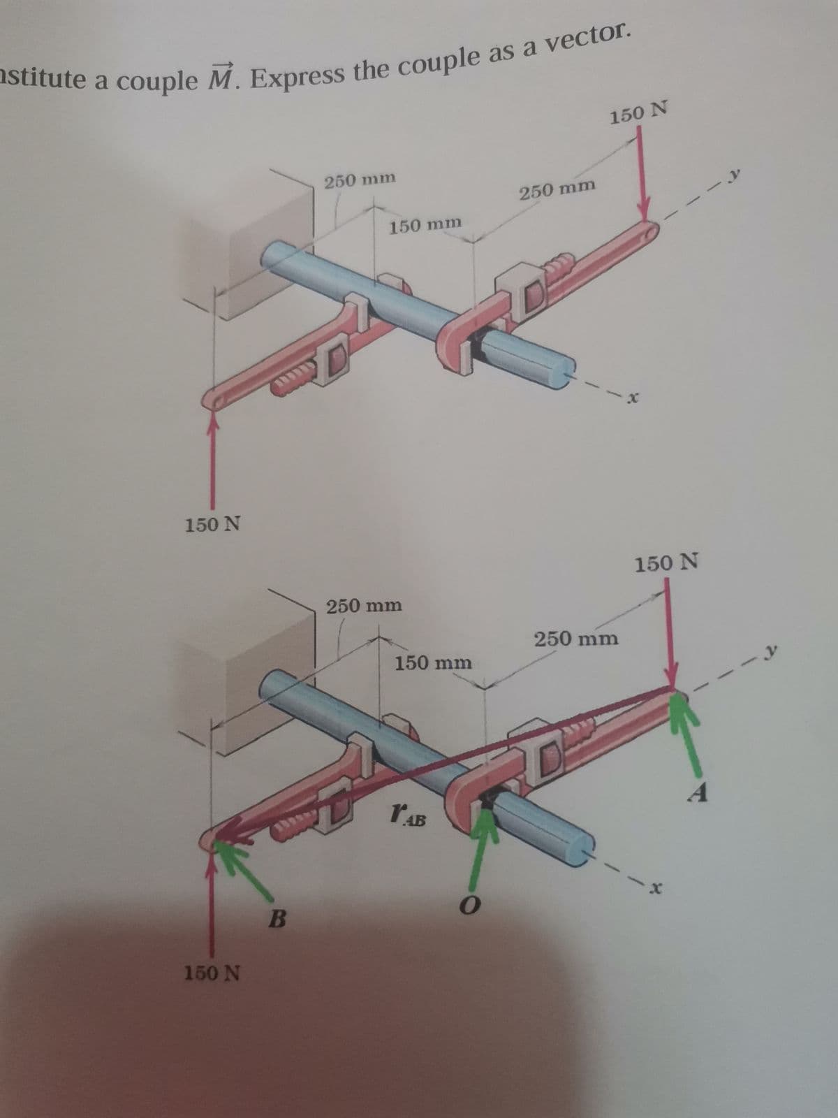 otitute a couple M. Express
the couple as a vector.
150 N
250 mm
250 mm
150 mm
150 N
150 N
250 mm
250 mm
150 mm
A
rAB
x-
B
150 N
