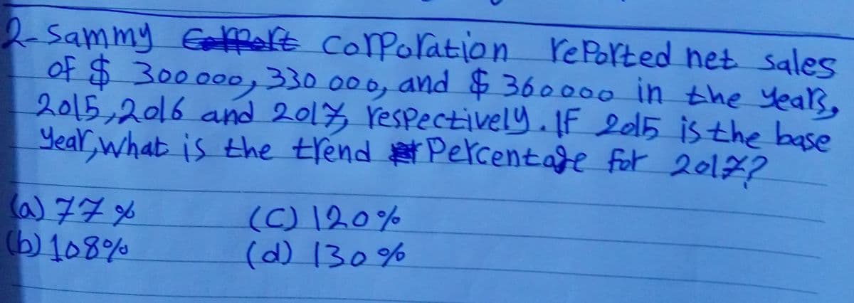 2sammy Eaolt corPoration rePorted net sales
of $300
2015,2016 and 2017 respectively. IF el5 is the base
Year, what is the trend e t Percentade for 20l7?
0000,330.000, and $ 360000 in the years,
a) 77 6
(b)108%
(C) 120%
(d) 130%
