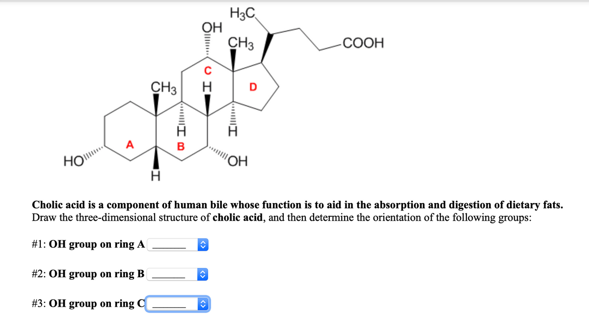 H3C
ОН
CH3
-СООН
CH3
H
D
A
B
HO"
H.
Cholic acid is a component of human bile whose function is to aid in the absorption and digestion of dietary fats.
Draw the three-dimensional structure of cholic acid, and then determine the orientation of the following groups:
#1: OH group on ring A
#2: OH group on ring B|
#3: OH group on ring C
