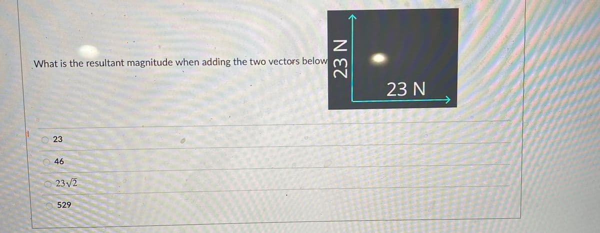 What is the resultant magnitude when adding the two vectors below
23 N
23
46
23 V2
529
23 N
