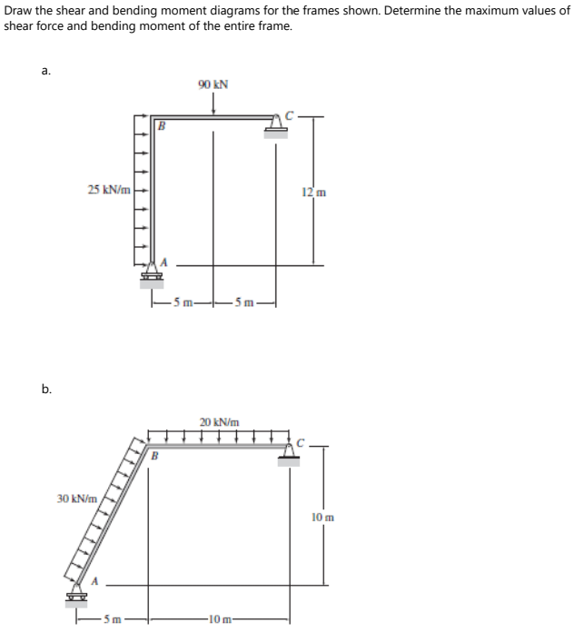 Draw the shear and bending moment diagrams for the frames shown. Determine the maximum values of
shear force and bending moment of the entire frame.
а.
90 kN
25 kN/m
12 m
b.
20 kN/m
30 kN/m
10 m
5 m
-10 m-
