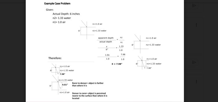 Example Case Problem
Given:
Actual Depth: 6 inches
n2= 1.33 water
n1- 1.0 air
ns-1.0 air
na1.33 water
apparent depth
na
ni-1.0 air
actual depth
ni
6
na-1.33 water
1.33
6"
1.0
1.0x
7.98
Therefore:
1.0
1.0
ni-1.0 air
x = 7.98"
6
n2-1.33 water
n=1.0 air
7.98
n1.33 water
7.98
ni-1.33 water
Rarer to denser object is farther
than where it is
4.51"
na1.0 air Denser to rarer object is percelved
nearer to the surface than where it is
located

