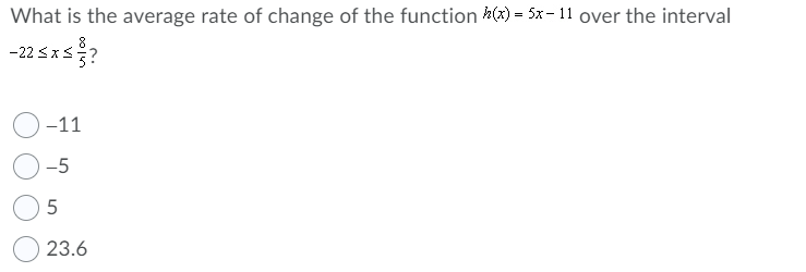 What is the average rate of change of the function (*) = 5x – 11 over the interval
8
-22 <x3?
-11
-5
5
23.6

