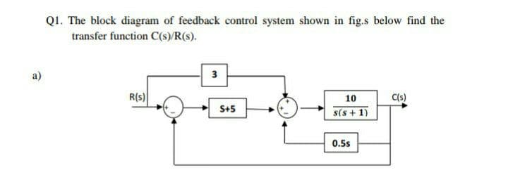 Q1. The block diagram of feedback control system shown in fig.s below find the
transfer function C(s)/R(s).
3
R(s)
10
s(s + 1)
C(s)
S+5
0.5s

