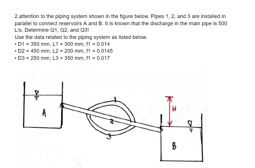 2.attention to the piping system shown in the figure below. Pipes 1, 2, and 3 are installed in
parallel to connect reservoirs A and B. It is known that the discharge in the main pipe is 500
L/s. Determine Q1, Q2, and Q3!
Use the data related to the piping system as listed below.
• D1 = 350 mm, L1 = 300 mm, f1 = 0.014
• D2 = 450 mm, L2 = 200 mm, f1 = 0.0145
• D3 = 250 mm, L3 = 350 mm, f1 = 0.017
%3D
A

