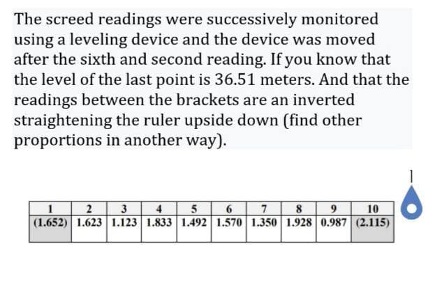 The screed readings were successively monitored
using a leveling device and the device was moved
after the sixth and second reading. If you know that
the level of the last point is 36.51 meters. And that the
readings between the brackets are an inverted
straightening the ruler upside down (find other
proportions in another way).
2
3
4
5
10
1
8
9.
(1.652) 1.623 1.123 1.833 1.492 1.570 1.350 1.928 0.987 (2.115)
