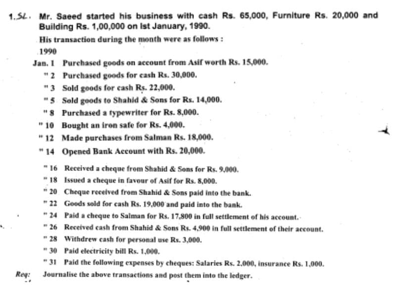 1.SL. Mr. Saeed started his business with cash Rs. 65,000, Furniture Rs. 20,000 and
Building Rs. 1,00,000 on Ist January, 1990.
His transaction during the month were as follows :
1990
Jan. 1 Purchased goods on account from Asif worth Rs. 15,000.
"2 Purchased goods for cash Rs. 30,000.
"3 Sold goods for cash Rs. 22,000.
"5 Sold goods to Shahid & Sons for Rs. 14,000.
"8 Purchased a typewriter for Rs. 8,000.
" 10 Bought an iron safe for Rs. 4,000.
" 12 Made purchases from Salman Rs. 18,000.
" 14 Opened Bank Account with Rs. 20,000.
" 16 Received a cheque from Shahid & Sons for Rs. 9,000.
" 18 Issued a cheque in favour of Asif for Rs. 8,000.
" 20 Cheque recelved from Shahid & Sons paid into the bank.
" 22 Goods sold for cash Rs. 19,000 and paid into the bank.
" 24 Paid a cheque to Salman for Rs. 17,800 in full settlement of his account.
" 26 Received cash from Shahid & Sons Rs. 4,900 in full settlement of their account.
" 28 Withdrew cash for personal use Rs. 3,000.
" 30 Paid electricity bill Rs. 1,000.
" 31 Paid the following expenses by cheques: Salaries Rs. 2,000, insurance Rs. 1,000.
Req:
Journalise the above transactions and post them into the ledger.
