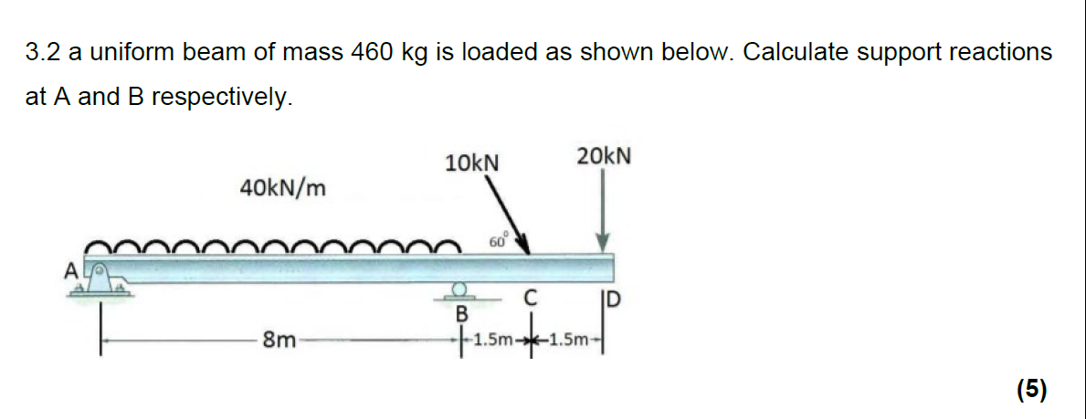 3.2 a uniform beam of mass 460 kg is loaded as shown below. Calculate support reactions
at A and B respectively.
10kN
20kN
40kN/m
60
A
ID
8m
1.5m--1.5m-
(5)
