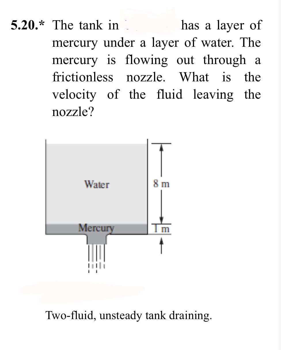 has a layer of
mercury under a layer of water. The
mercury is flowing out through a
frictionless nozzle. What is the
velocity of the fluid leaving the
nozzle?
5.20.* The tank in
Water
Mercury
8 m
Two-fluid, unsteady tank draining.