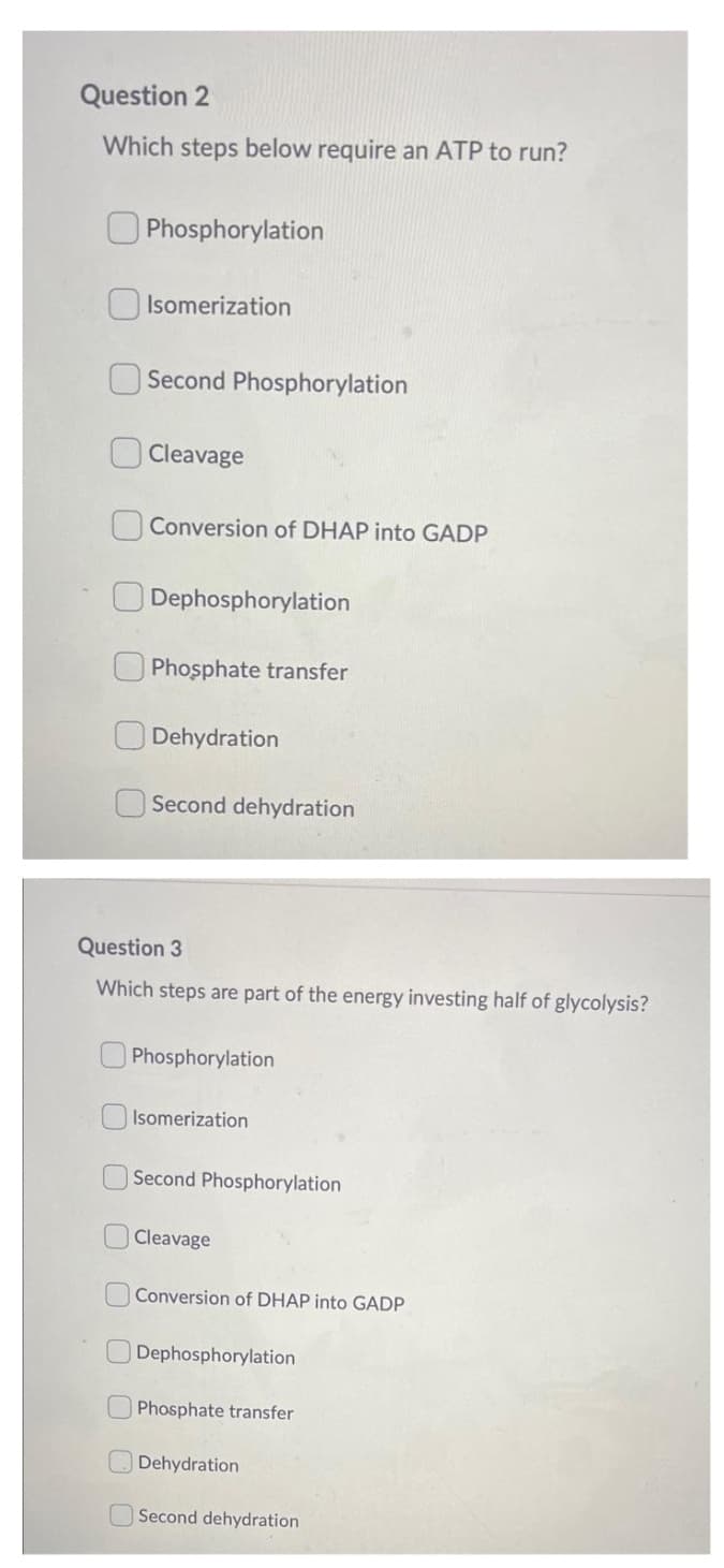 Question 2
Which steps below require an ATP to run?
O Phosphorylation
Isomerization
Second Phosphorylation
Cleavage
Conversion of DHAP into GADP
Dephosphorylation
Phosphate transfer
Dehydration
Second dehydration
Question 3
Which steps are part of the energy investing half of glycolysis?
Phosphorylation
Isomerization
Second Phosphorylation
Cleavage
Conversion of DHAP into GADP
Dephosphorylation
Phosphate transfer
Dehydration
Second dehydration
