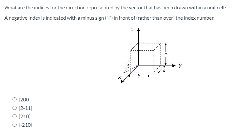 What are the indices for the direction represented by the vector that has been drawn within a unit cell?
A negative index is indicated with a minus sign (".") in front of (rather than over) the index number.
Z A
a
O [200]
O [2-11]
O [210]
O [-210]
