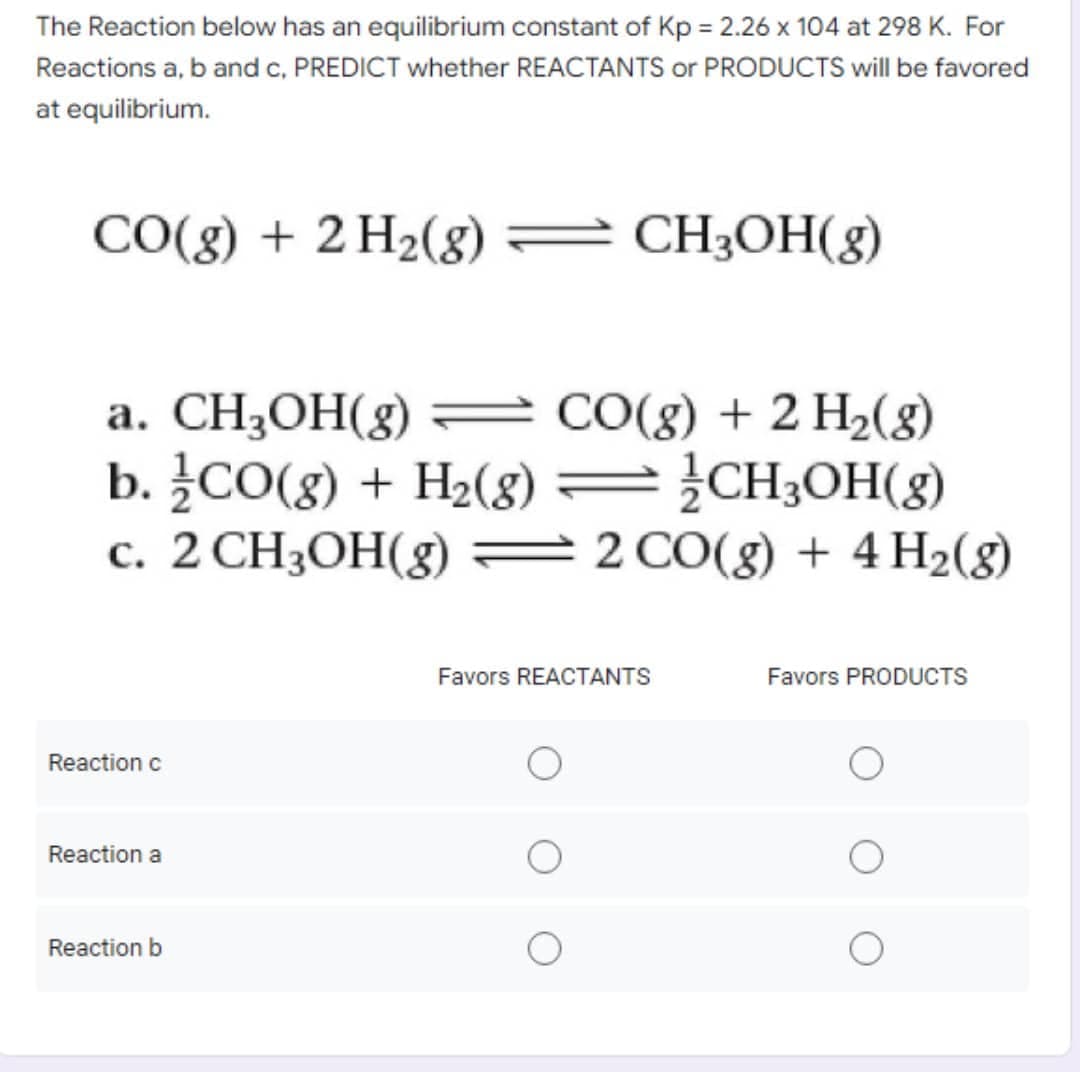 The Reaction below has an equilibrium constant of Kp = 2.26 x 104 at 298 K. For
Reactions a, b and c, PREDICT whether REACTANTS or PRODUCTS will be favored
at equilibrium.
CO(g) + 2 H₂(g) = CH3OH(g)
a. CH₂OH(g) = CO(g) + 2 H₂(g)
b./CO(g) + H₂(g) = CH3OH(g)
c. 2 CH3OH(g) = 2 CO(g) + 4H₂(g)
Reaction c
Reaction a
Reaction b
Favors REACTANTS
Favors PRODUCTS