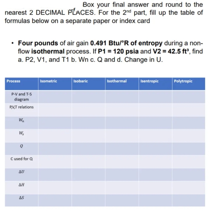 Box your final answer and round to the
nearest 2 DECIMAL PLACES. For the 2nd part, fill up the table of
formulas below on a separate paper or index card
• Four pounds of air gain 0.491 Btu/°R of entropy during a non-
flow isothermal process. If P1 = 120 psia and V2 = 42.5 ft°, find
a. P2, V1, and T1 b. Wn c. Q and d. Change in U.
Process
Isothermal
Isentropic
Polytropic
Isometric
Isobaric
P-V and T-S
diagram
PV,T relations
W
W,
C used for Q
au
ΔΗ
AS
