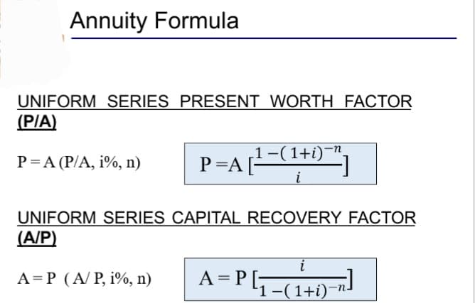 Annuity Formula
UNIFORM SERIES PRESENT WORTH FACTOR
(P/A)
P = A (P/A, 1%, n)
1−(1+i)¯n¸
P =A[¹ −( i
UNIFORM SERIES CAPITAL RECOVERY FACTOR
(A/P)
A=P (A/P, 1%, n)
i
A=P[₁(1+i)