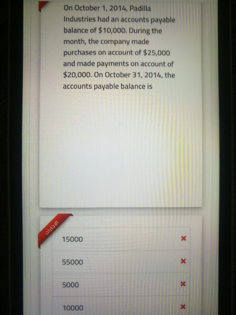 On October 1, 2014, Padilla
Industries had an accounts payable
balance of $10,000. During the
month, the company made
purchases on account of $25,000
and made payments on account of
$20,000. On October 31, 2014, the
accounts payable balance is
15000
55000
5000
10000
