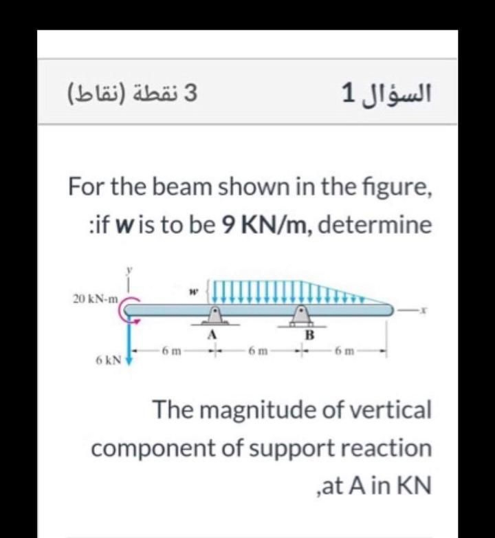 3 نقطة )نقاط(
السؤال 1
For the beam shown in the figure,
:if w is to be 9 KN/m, determine
20 kN-m
в
6 m-
6 m
6 m
6 kN
The magnitude of vertical
component of support reaction
,at A in KN
