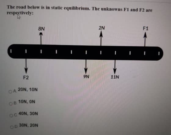 The road below is in static equilibrium. The unknowns F1 and F2 are
respectively:
8N
2N
F1
F2
9N
11N
20N, 10N
OA
OB 10N, ON
oC 40N, 30N
OD 30N, 20N
