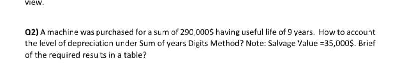 view.
Q2) A machine was purchased for a sum of 290,000$ having useful life of 9 years. How to account
the level of depreciation under Sum of years Digits Method? Note: Salvage Value =35,000$. Brief
of the required results in a table?
