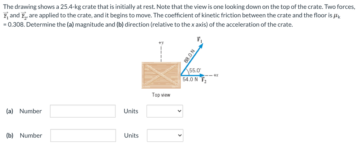 The drawing shows a 25.4-kg crate that is initially at rest. Note that the view is one looking down on the top of the crate. Two forces,
F, and F, are applied to the crate, and it begins to move. The coefficient of kinetic friction between the crate and the floor is HK
= 0.308. Determine the (a) magnitude and (b) direction (relative to the x axis) of the acceleration of the crate.
%3D
F,
55.0
+x
54.0 N F2
Top view
(a) Number
Units
(b) Number
Units
NO'88
