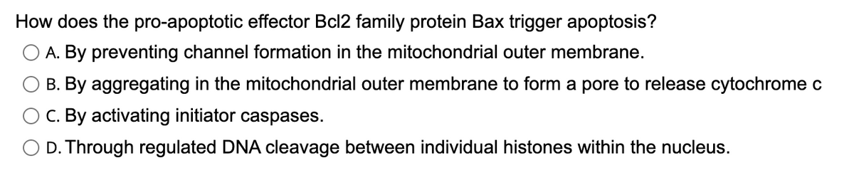 How does the pro-apoptotic effector Bcl2 family protein Bax trigger apoptosis?
A. By preventing channel formation in the mitochondrial outer membrane.
B. By aggregating in the mitochondrial outer membrane to form a pore to release cytochrome c
C. By activating initiator caspases.
D. Through regulated DNA cleavage between individual histones within the nucleus.
