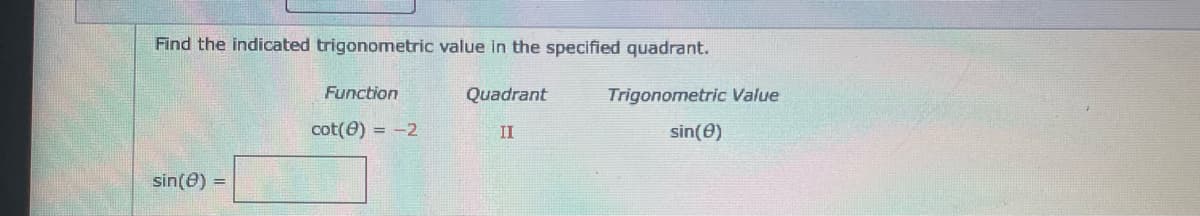 Find the indicated trigonometric value in the specified quadrant.
Function
Quadrant
Trigonometric Value
cot(e) = -2
II
sin(0)
sin(e)
