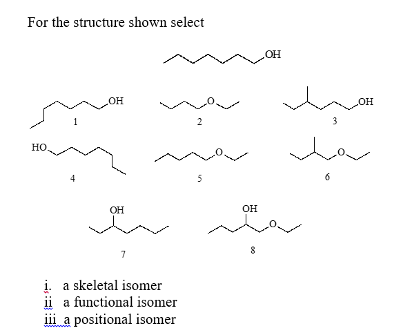 For the structure shown select
HO
он
OH
2
3
Но.
5
ОН
он
7
į. a skeletal isomer
ii a functional isomer
iii a positional isomer
