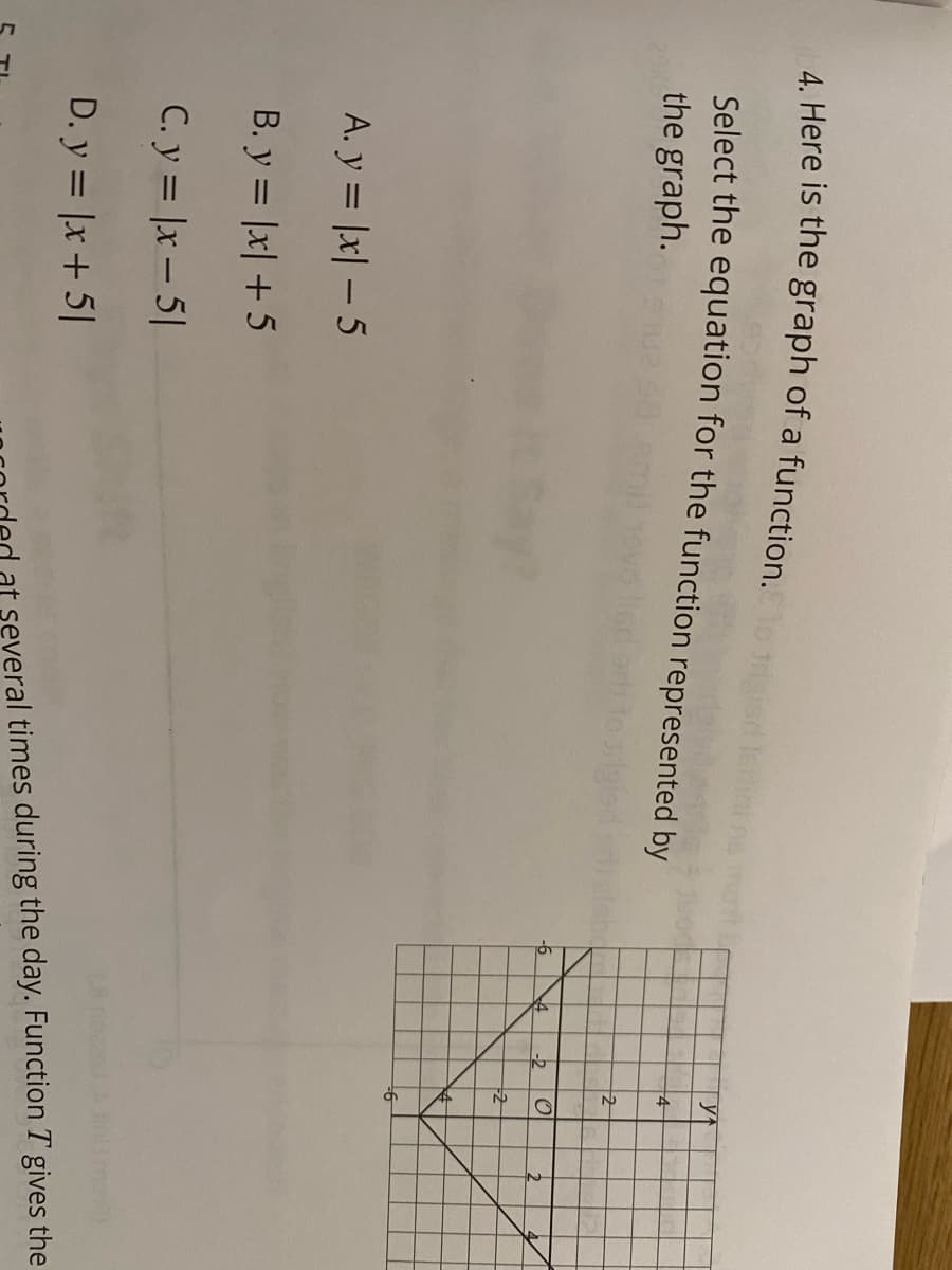 4. Here is the graph of a function.
mont
Juod
Select the equation for the function represented by
y
the graph.
4
2
-6
-2
A. y = |x| – 5
B. y = |x| +5
C. y = |x – 5||
D. y = |x+ 5||
eral times during the day. Function T gives the

