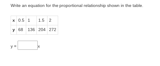 Write an equation for the proportional relationship shown in the table.
x 0.5 1
1.5 2
y 68 136 204 272
y =
