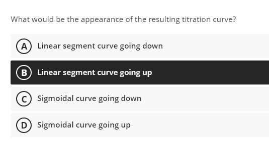 What would be the appearance of the resulting titration curve?
A Linear segment curve going down
B Linear segment curve going up
Sigmoidal curve going down
D Sigmoidal curve going up
