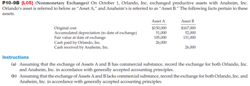 P10-9B (LO5) (Nonmonetary Exchanges) On October 1, Orlando, Inc. exchanged productive assets with Anaheim, Inc.
Orlando's asset is referred to below as “Asset A," and Anaheim's is referred to as “Asset B." The following facts pertain to these
assets.
Asset A
Asset B
Original cost
Accumulated depreciation (to date of exchange)
Fair value at date of exchange
Cash paid by Orlando, Inc.
Cash received by Anaheim, Inc.
$150,000
51,000
105,000
$167,000
52,000
131,000
26,000
26,000
Instructions
(a) Assuming that the exchange of Assets A and B has commercial substance, record the exchange for both Orlando, Inc.
and Anaheim, Inc. in accordance with generally accepted accounting principles.
(b) Assuming that the exchange of Assets A and B lacks commercial substance, record the exchange for both Orlando, Inc. and
Anaheim, Inc. in accordance with generally accepted accounting principles.
