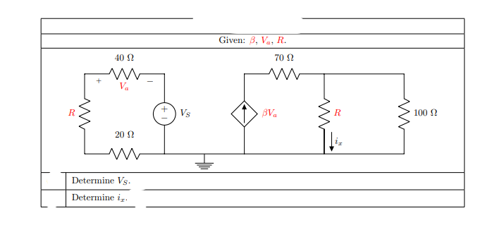 Given: 3, V, R.
40 2
70 N
Va
R
Vs
BVa
R
100 N
20 2
Determine Vs.
Determine i,.
