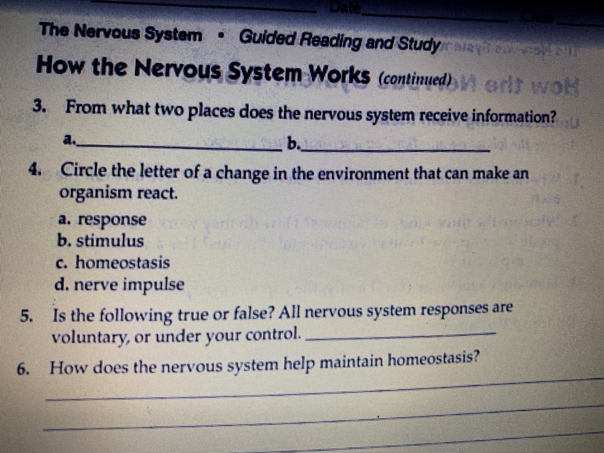 The Nervous System
• Guided Reading and Study r s H
How the Nervous System Works (continued)M ardt wok
3. From what two places does the nervous system receive information?
a.,
b.
4. Circle the letter of a change in the environment that can make an
organism react.
a. response
b. stimulus
c. homeostasis
d. nerve impulse
5. Is the following true or false? All nervous system responses are
voluntary, or under
your
control.
6.
How does the nervous system help maintain homeostasis?

