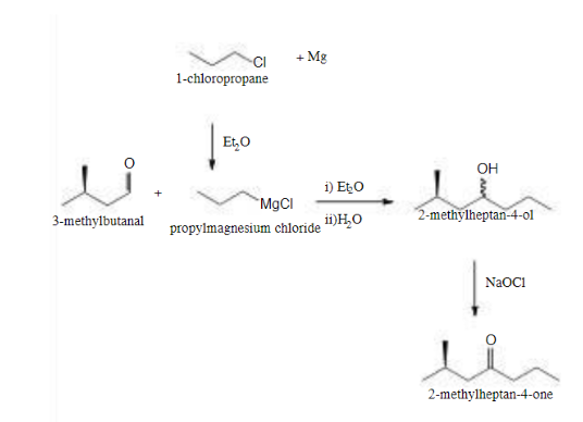3-methylbutanal
1-chloropropane
Et₂O
+ Mg
MgCl
propylmagnesium chloride
i) Eto
ii) H₂O
OH
2-methylheptan-4-ol
NaOCl
2-methylheptan-4-one
