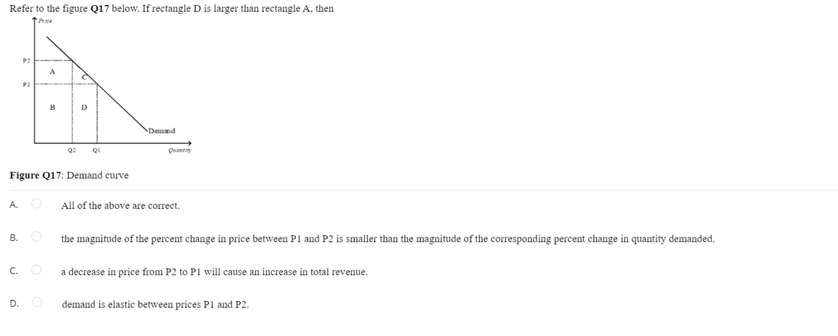 Refer to the figure Q17 below. If rectangle D is larger than rectangle A, then
Price
P2
P1
B
D
Demand
Q2
Q1
Quantity
Figure Q17: Demand curve
A.
All of the above are correct.
the magnitude of the percent change in price between P1 and P2 is smaller than the magnitude of the corresponding percent change in quantity demanded.
C.
a decrease in price from P2 to P1 will cause an increase in total revenue.
D.
demand is elastic between prices P1 and P2.
B.
