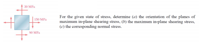 30 MPa
For the given state of stress, determine (a) the orientation of the planes of
maximum in-plane shearing stress, (b) the maximum in-plane shearing stress,
(c) the corresponding nomal stress.
150 MPa
S0 MPa
