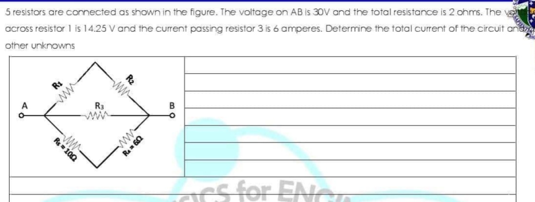 5 resistors are connected as shown in the figure. The voltage on AB is 30V and the total resistance is 2 ohms. The ve
across resistor 1 is 14.25 V and the current passing resistor 3 is 6 amperes. Determine the total current of the circuit and
other unknowns
