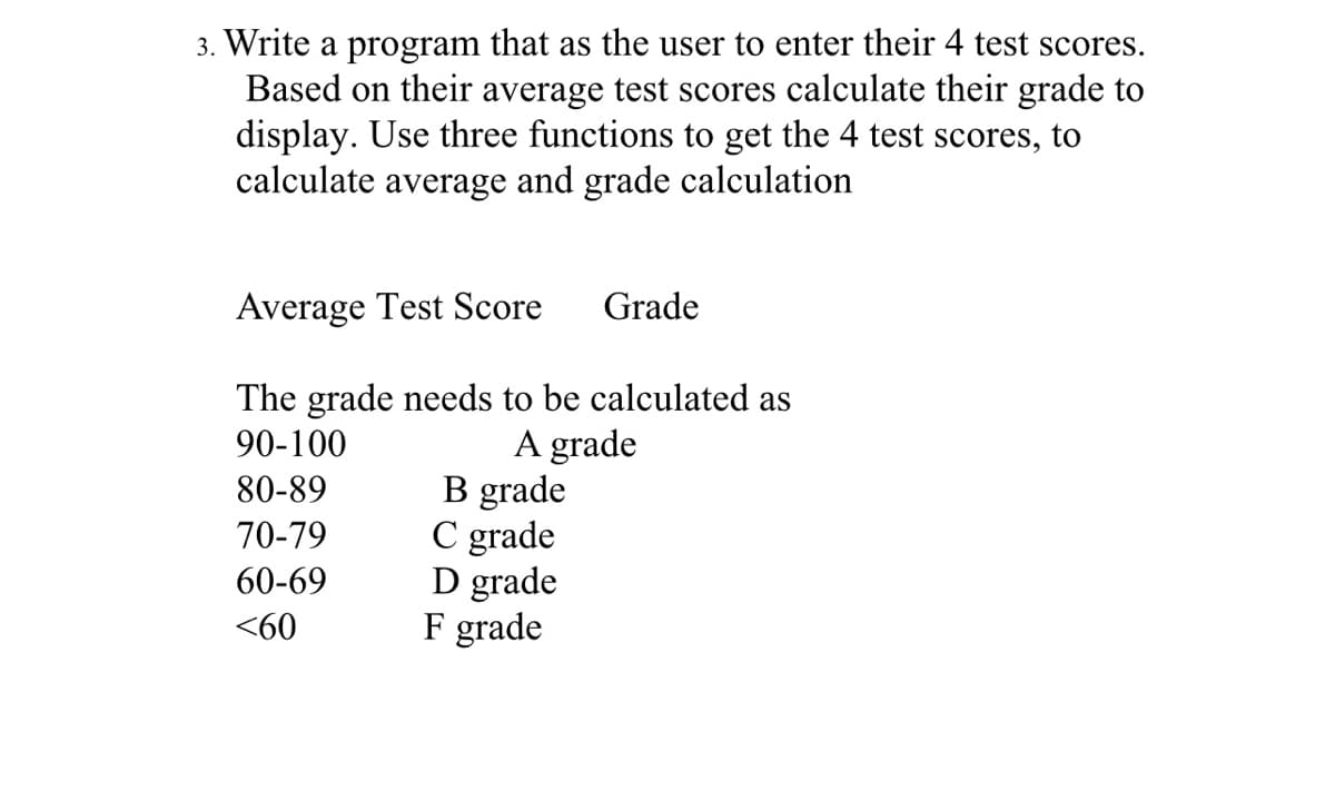 3. Write a program that as the user to enter their 4 test scores.
Based on their average test scores calculate their grade to
display. Use three functions to get the 4 test scores, to
calculate average and grade calculation
Average Test Score
Grade
The grade needs to be calculated as
A grade
B grade
C grade
D grade
F grade
90-100
80-89
70-79
60-69
<60
