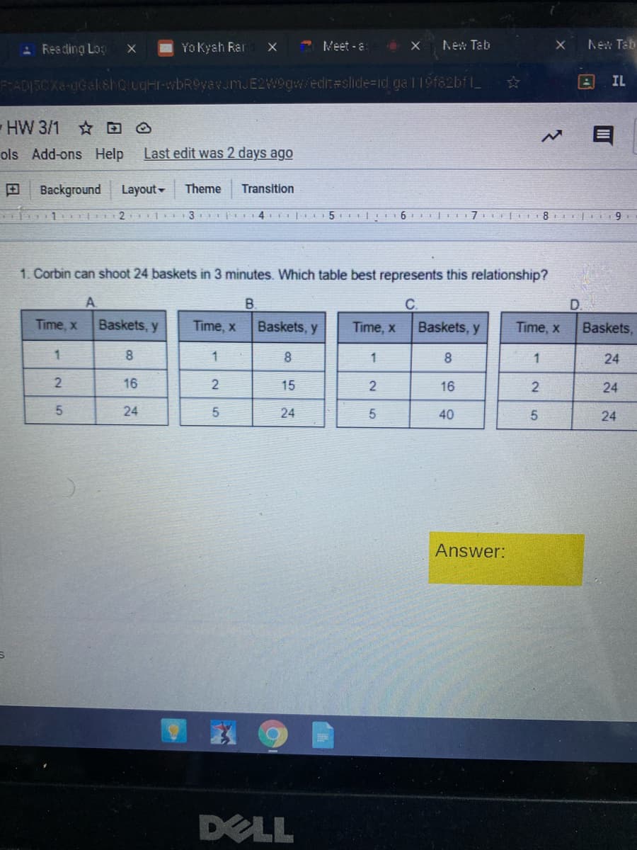 Resding Log
E Yo Kyah RaI
- Meet - 8
New Tab
New Tab
FIADI5CX&-gGakshquqHr-wbR0yavurm.E2W9gwedir#slide%=id.ga 119f82bfl_
IL
HW 3/1
ols Add-ons Help
Last edit was 2 days ago
田
Background
Layout-
Theme
Transition
3
4 IE
1. Corbin can shoot 24 baskets in 3 minutes. Which table best represents this relationship?
A.
B.
C.
D.
Time, x
Baskets, y
Time, x
Baskets, y
Time, x
Baskets, y
Time, x
Baskets,
1
1
24
16
15
2
16
2
24
24
5
24
5
40
24
Answer:
DELL
