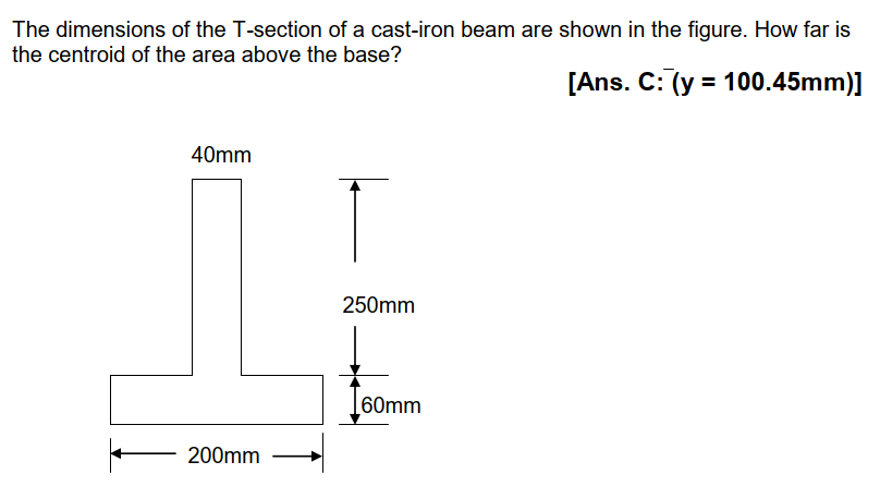 The dimensions of the T-section of a cast-iron beam are shown in the figure. How far is
the centroid of the area above the base?
[Ans. C: (y = 100.45mm)]
40mm
250mm
60mm
200mm
