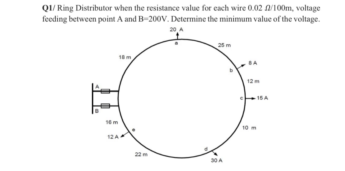 Q1/ Ring Distributor when the resistance value for each wire 0.02 2/100m, voltage
feeding between point A and B=200V. Determine the minimum value of the voltage.
20 A
25 m
18 m
8 A
12 m
A
c15 A
В
16 m
10 m
12 A
d
22 m
30 A
