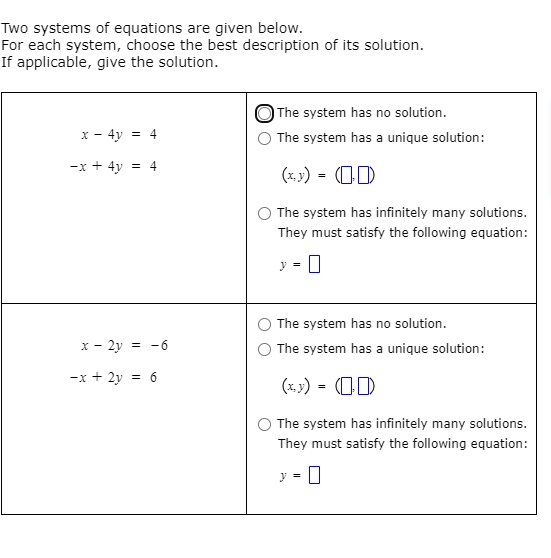 Two systems of equations are given below.
For each system, choose the best description of its solution.
If applicable, give the solution.
The system has no solution.
x - 4y = 4
The system has a unique solution:
-x + 4y = 4
(x, y) = (O)
The system has infinitely many solutions.
They must satisfy the following equation:
y =
The system has no solution.
x - 2y = -6
The system has a unique solution:
-x + 2y = 6
(x, y) = (OD
The system has infinitely many solutions.
They must satisfy the following equation:
v =
