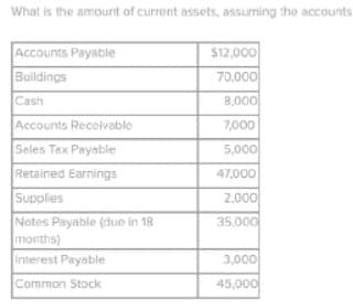 What is the amount of current assets, assuming the accounts
Accounts Payable
$12,000
Buildings
70,000
Cash
8,000
Accounts Recelvable
7,000
Seles Tex Payable
5,000
Retained Earnings
47,000
Supplies
2,000
Notes Payable (due in 18
months)
Interest Payable
35,000
3,000
Common Stock
45,000
