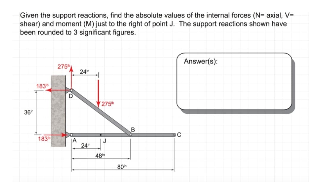 Given the support reactions, find the absolute values of the internal forces (N= axial, V=
shear) and moment (M) just to the right of point J. The support reactions shown have
been rounded to 3 significant figures.
36in
183b
183b
275
D
A
24in
24in
275¹b
J
48in
80in
B
C
Answer(s):