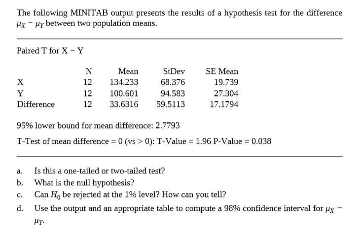The following MINITAB output presents the results of a hypothesis test for the difference
Hx - Hy between two population means.
Paired T for X - Y
Mean
StDev
SE Mean
12
134.233
68.376
19.739
12
100.601
94.583
27.304
Difference
12
33.6316
59.5113
17.1794
95% lower bound for mean difference: 2.7793
T-Test of mean difference = 0 (vs > 0): T-Value = 1.96 P-Value = 0.038
Is this a one-tailed or two-tailed test?
What is the null hypothesis?
Can H, be rejected at the 1% level? How can you tell?
a.
b.
C.
d.
Use the output and an appropriate table to compute a 98% confidence interval for µx
Hy.
