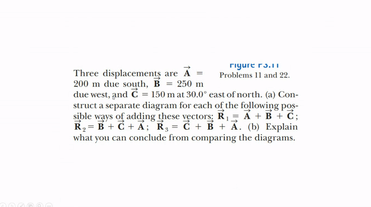 rigure r3.1II
Problems 11 and 22.
Three displacements are A =
200 m due south, B = 250 m
due west, and C
struct a separate diagram for each of the following pos-
sible ways of adding these vectors; R= A + B + C;
R2 = B + C + Á; R3 = Ć + B + Á. (b) Explain
what you can conclude from comparing the diagrams.
= 150 m at 30.0° east of north. (a) Con-
