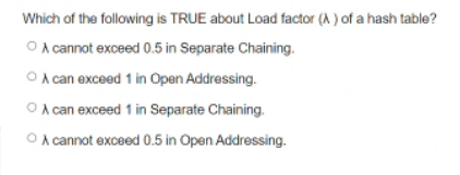 Which of the following is TRUE about Load factor (A ) of a hash table?
O A cannot exceed 0.5 in Separate Chaining.
O A can exceed 1 in Open Addressing.
O A can exceed 1 in Separate Chaining.
O A cannot exceed 0.5 in Open Addressing.
