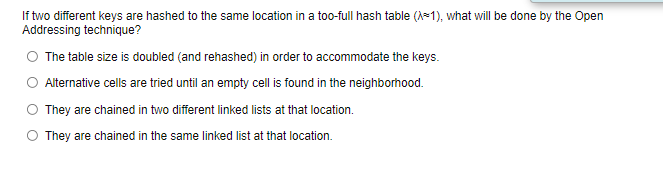 If two different keys are hashed to the same location in a too-full hash table (A-1), what will be done by the Open
Addressing technique?
The table size is doubled (and rehashed) in order to accommodate the keys.
Alternative cells are tried until an empty cell is found in the neighborhood.
They are chained in two different linked lists at that location.
They are chained in the same linked list at that location.
