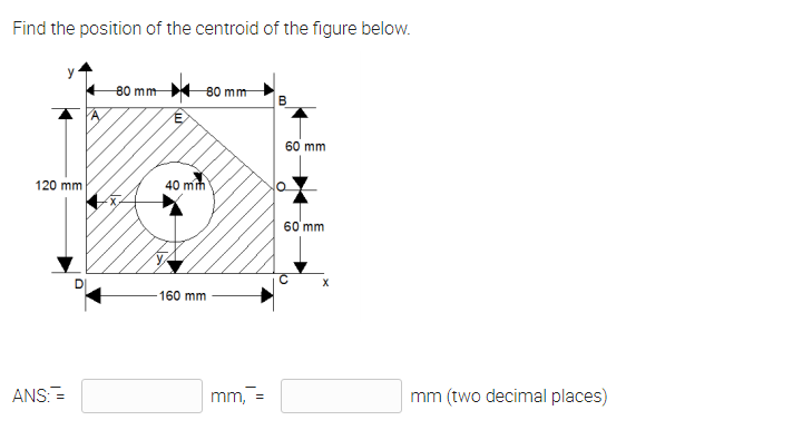 Find the position of the centroid of the figure below.
-80 mm
80 mm
B
60 mm
120 mm
40 mh
60 mm
160 mm
ANS:=
mm, =
mm (two decimal places)
