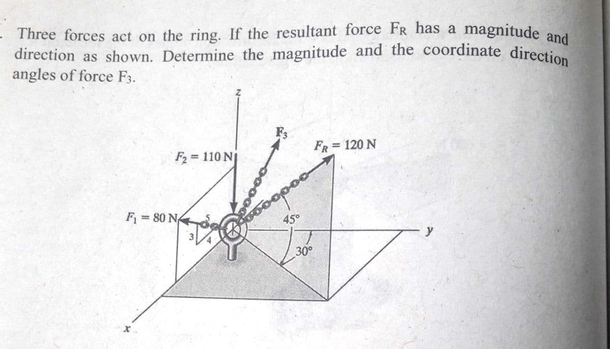 direction as shown. Determine the magnitude and the coordinate direction
magnitude and
- Three forces act on the ring. If the resultant force FR has a
angles of force F3.
FR = 120 N
F2 = 110 NI
F = 80 NA
45°
3
30°

